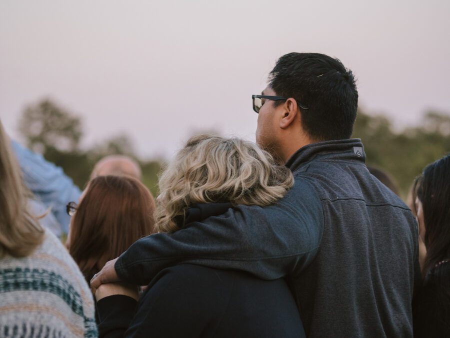 husband and wife looking away from the camera