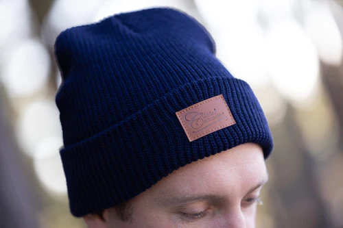 Navy blue beanie.