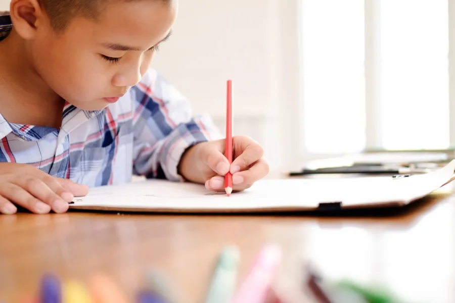 A homeschool boy sitting at a table drawing with colored pencils