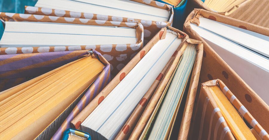 A collection of books, stacked upright with book covers on them.